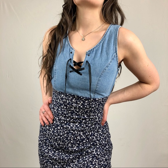 90s denim & ditzy floral print summer mini dress - Picture 2 of 4